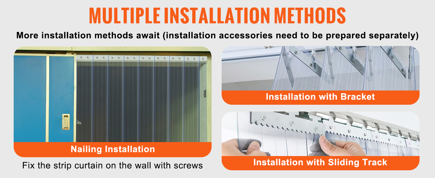 VEVOR strip curtain installation methods: nails, bracket, and sliding track for versatile application.