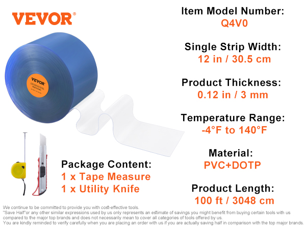VEVOR strip curtain, model q4v0, 12 in wide, 100 ft long, includes tape measure and utility knife.