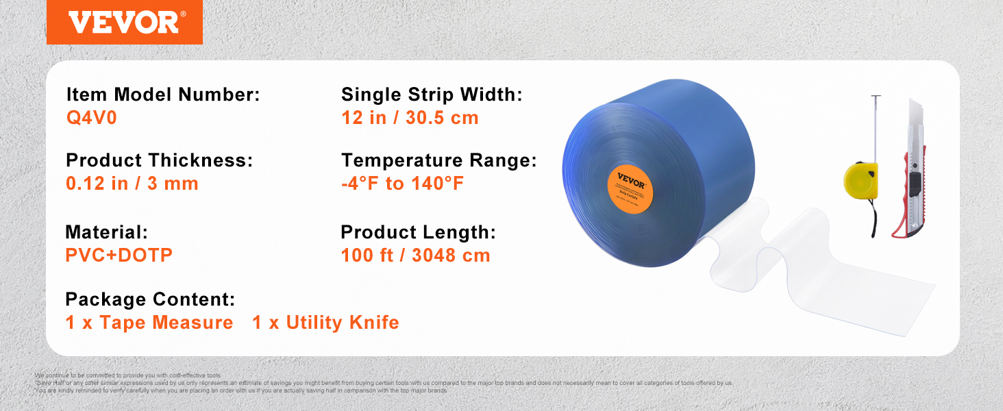 VEVOR strip curtain, model q4v0, 12 in wide, 100 ft long, includes tape measure and utility knife.