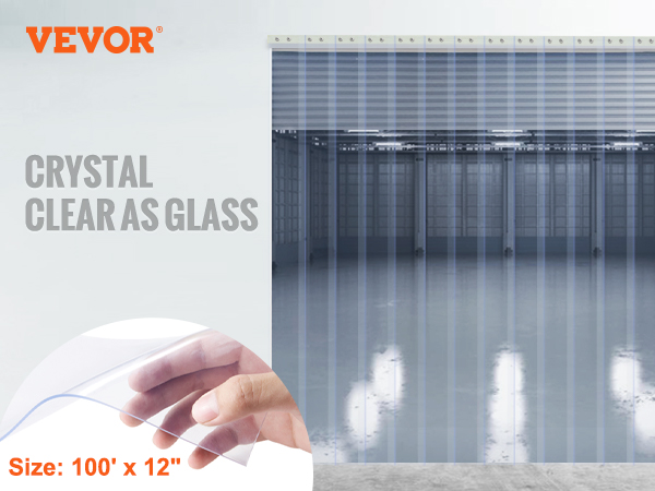 VEVOR strip curtain with hand holding clear strip, no impact on indoor lighting, size 100' x 12".