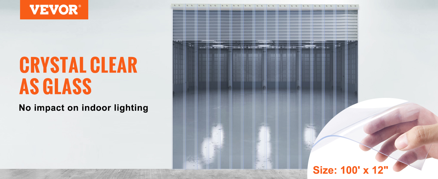 VEVOR strip curtain with hand holding clear strip, no impact on indoor lighting, size 100' x 12".