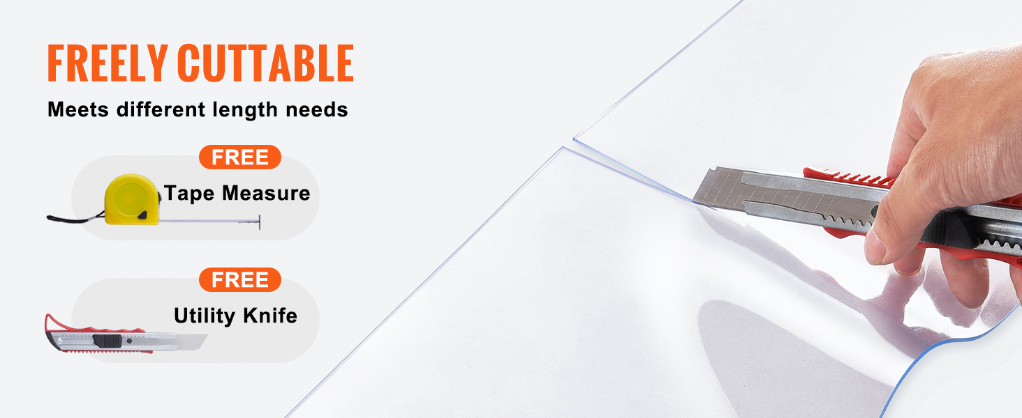 freely cuttable VEVOR strip curtain with free tape measure and utility knife for flexible length needs.
