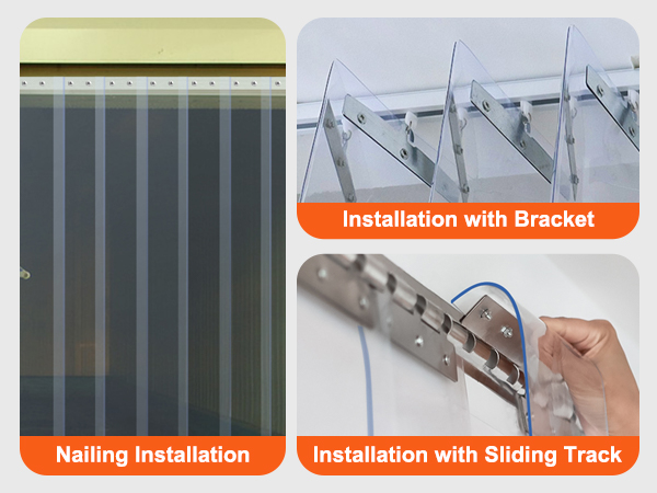 VEVOR strip curtain installation methods: nailing, brackets, sliding track. accessories needed.