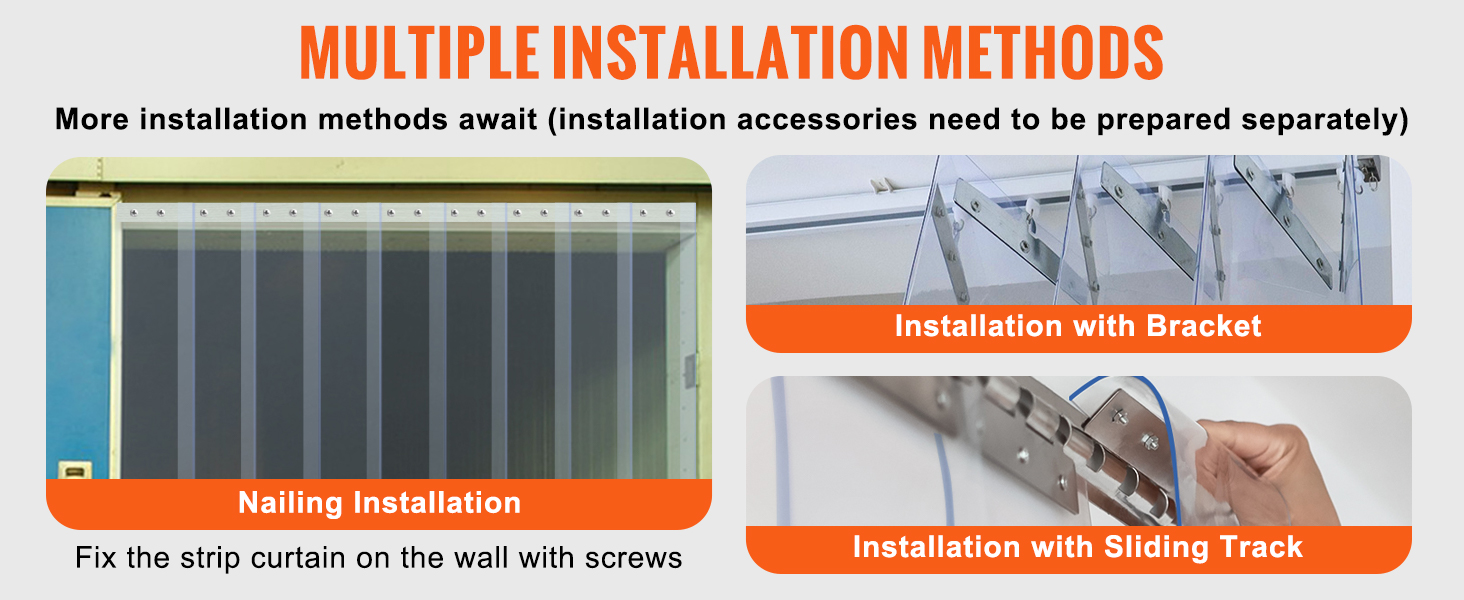 VEVOR strip curtain installation methods: nailing, brackets, sliding track. accessories needed.