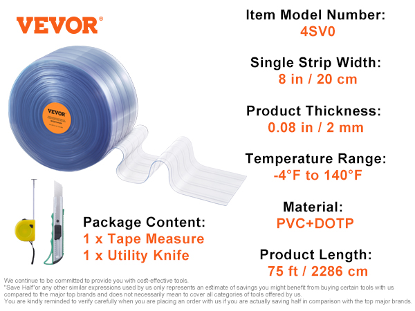 VEVOR strip curtain, 8in width, 75ft length, 0.08in thickness, pvc+dotp, tape measure, utility knife.