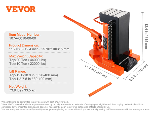 VEVOR hydraulic toe jack with 20 ton capacity, 11.7×8.3×12.4 in size, and 73.9 lbs weight.