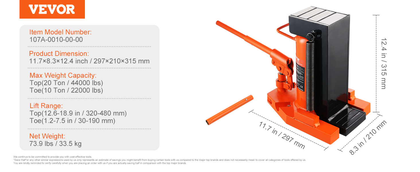 VEVOR hydraulic toe jack with 20 ton capacity, 11.7×8.3×12.4 in size, and 73.9 lbs weight.