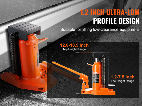 VEVOR hydraulic toe jack lifting low-clearance equipment with 1.2-inch ultra-low profile design.