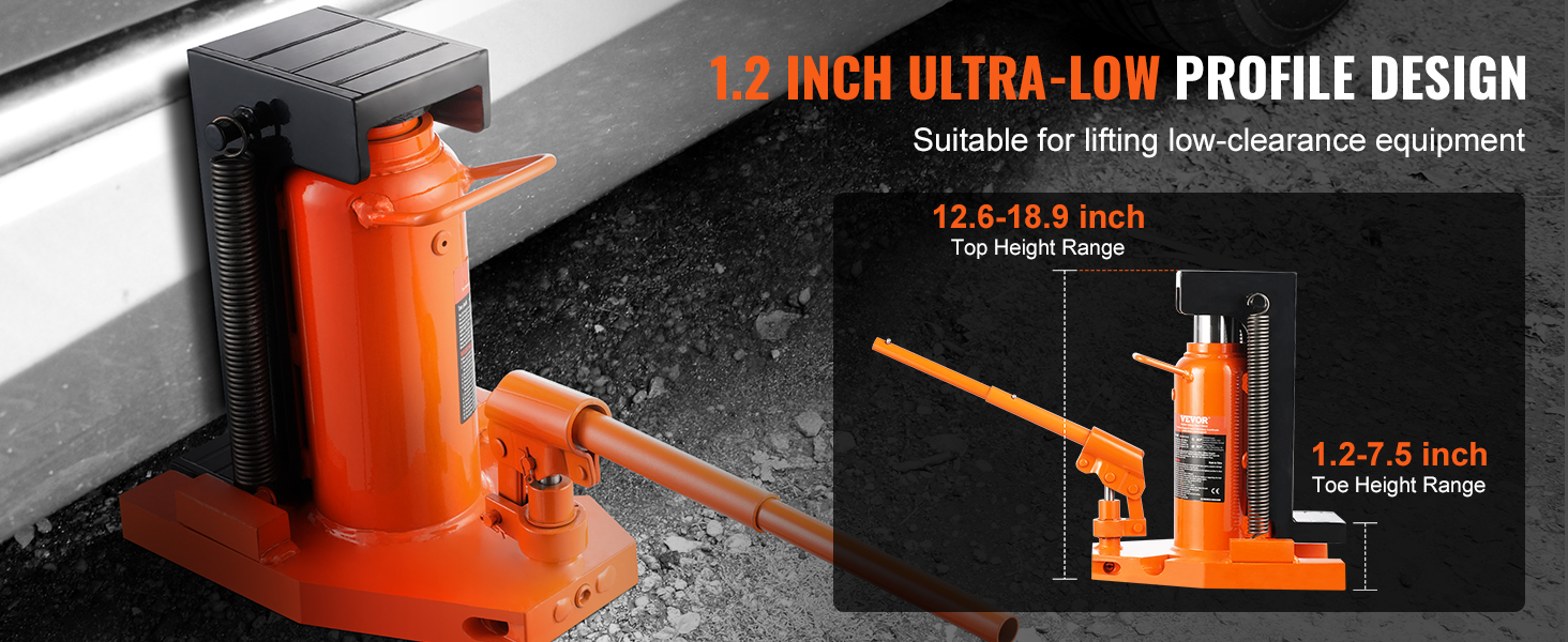 VEVOR hydraulic toe jack lifting low-clearance equipment with 1.2-inch ultra-low profile design.