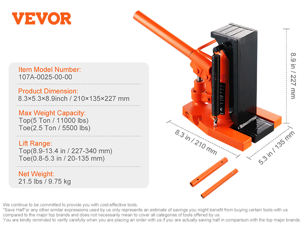 VEVOR hydraulic toe jack, 5-ton capacity, dimensions 8.3x5.3x8.9 inches.