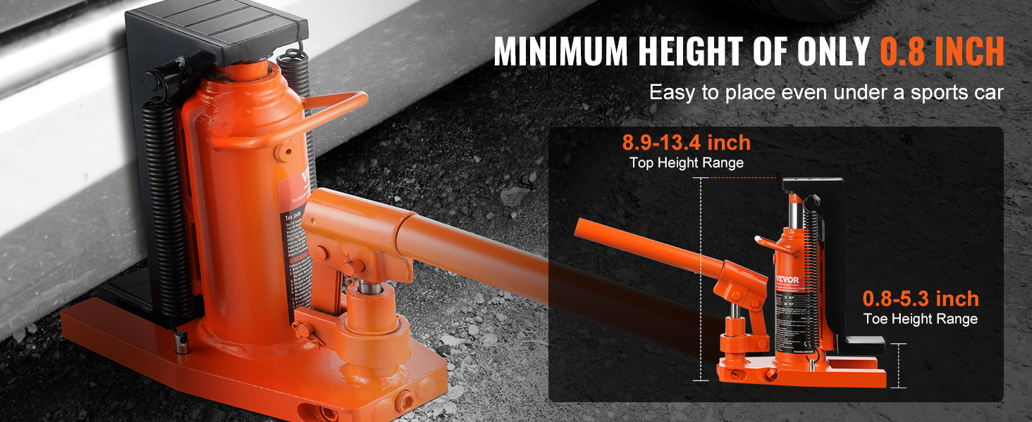 VEVOR hydraulic toe jack with 0.8-5.3 inch toe height range and 8.9-13.4 inch top height range.