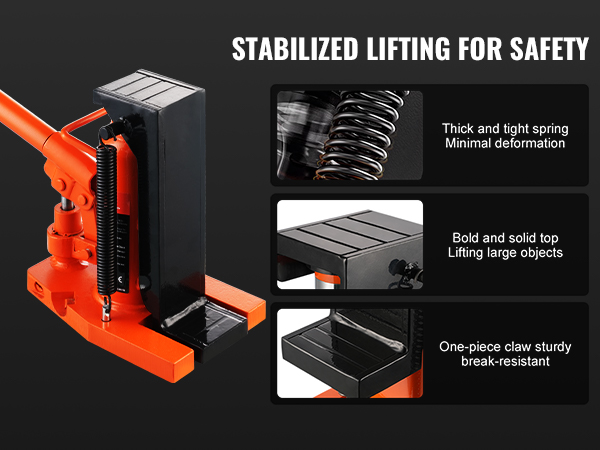 VEVOR hydraulic toe jack showcasing robust spring, solid top, and sturdy one-piece claw for safe lifting.