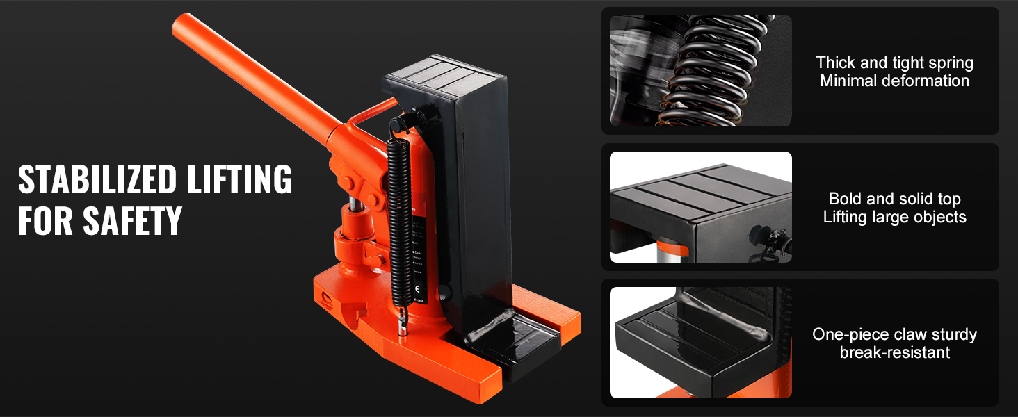VEVOR hydraulic toe jack showcasing robust spring, solid top, and sturdy one-piece claw for safe lifting.