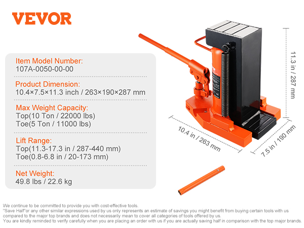 VEVOR hydraulic toe jack with 5-ton capacity, 11.3x10.4x7.5 inches dimensions, and 287-440 mm lift range.