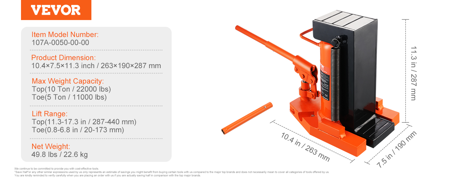 VEVOR hydraulic toe jack with 5-ton capacity, 11.3x10.4x7.5 inches dimensions, and 287-440 mm lift range.