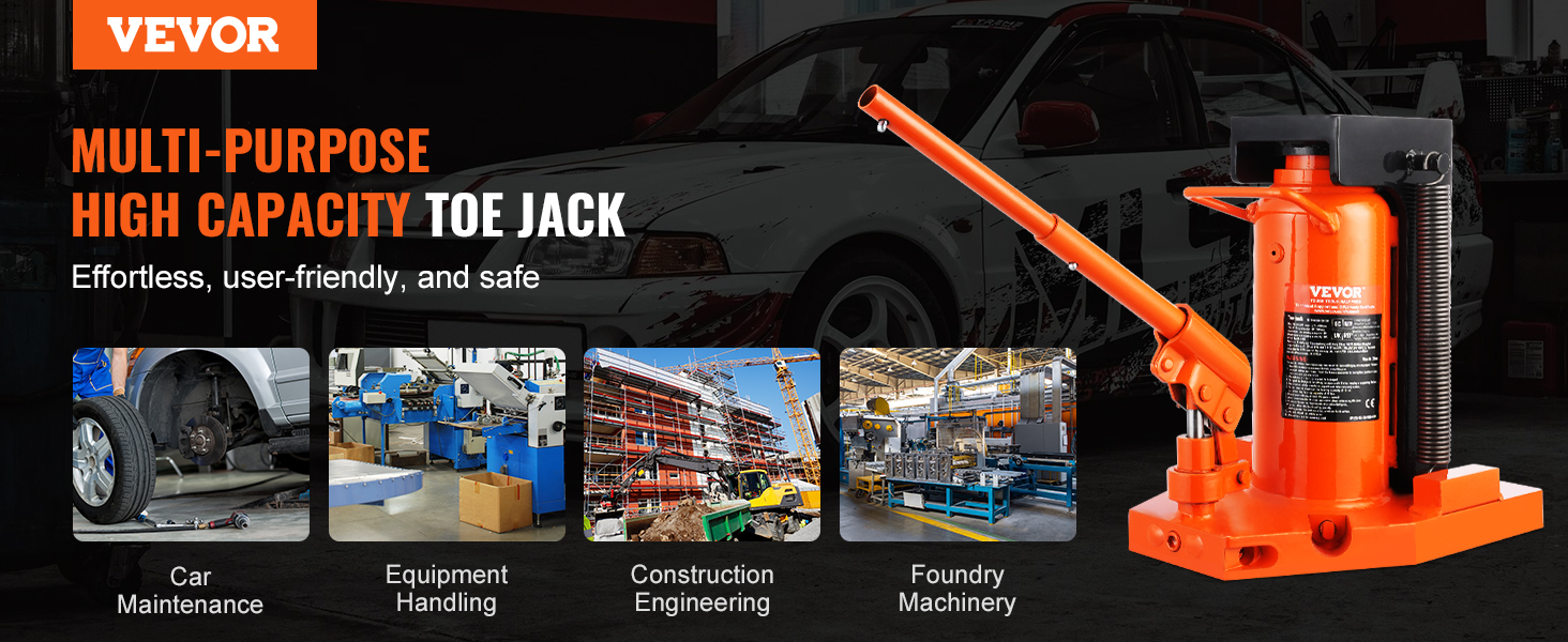 VEVOR hydraulic toe jack for car maintenance, equipment handling, construction, and foundry machinery.
