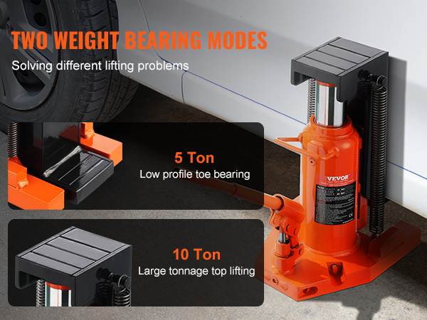 VEVOR hydraulic toe jack showing 5-ton low profile toe bearing and 10-ton large tonnage top lifting.