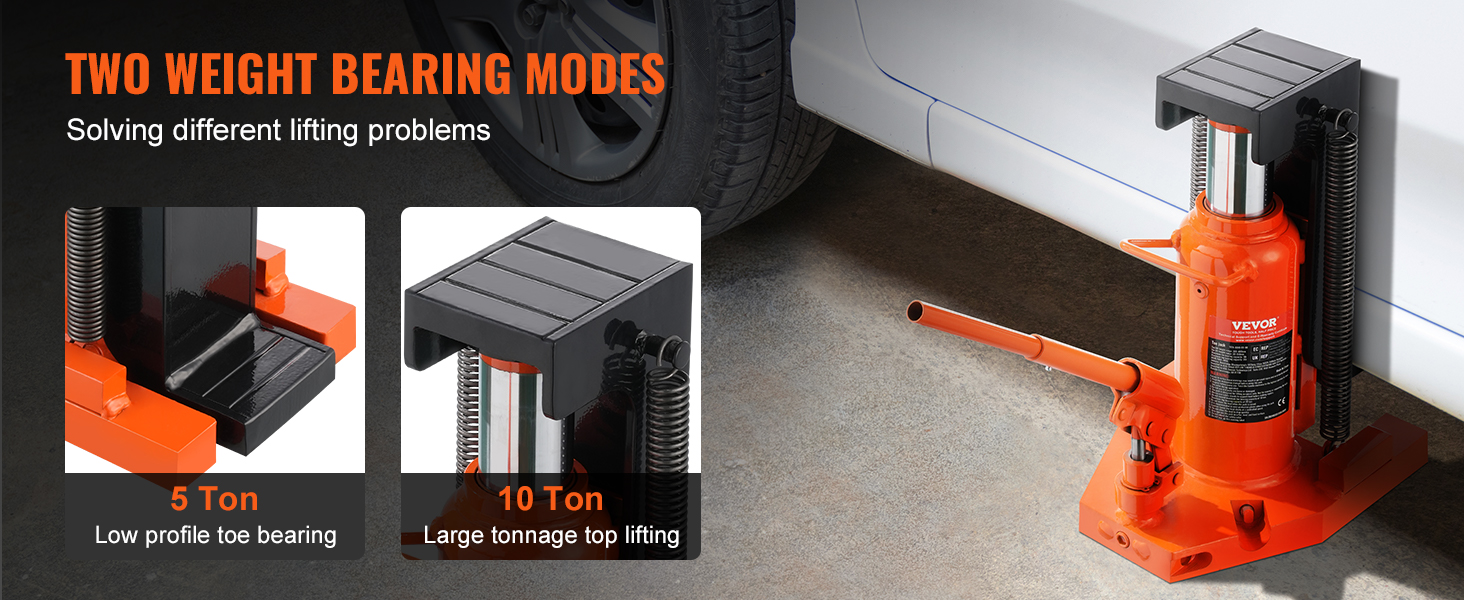 VEVOR hydraulic toe jack showing 5-ton low profile toe bearing and 10-ton large tonnage top lifting.