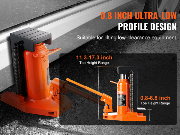 VEVOR hydraulic toe jack lifting a vehicle with height ranges from 0.8 to 17.3 inches, solving lifting issues.