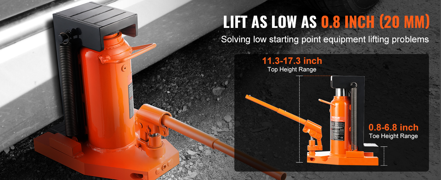 VEVOR hydraulic toe jack lifting a vehicle with height ranges from 0.8 to 17.3 inches, solving lifting issues.