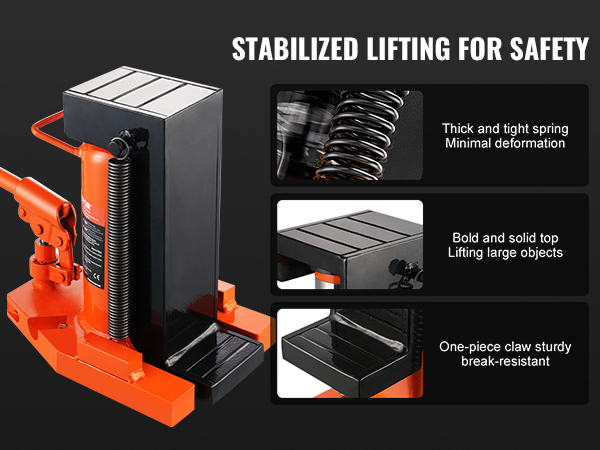 VEVOR hydraulic toe jack with spring, solid top, and break-resistant claw, ensuring stabilized lifting.