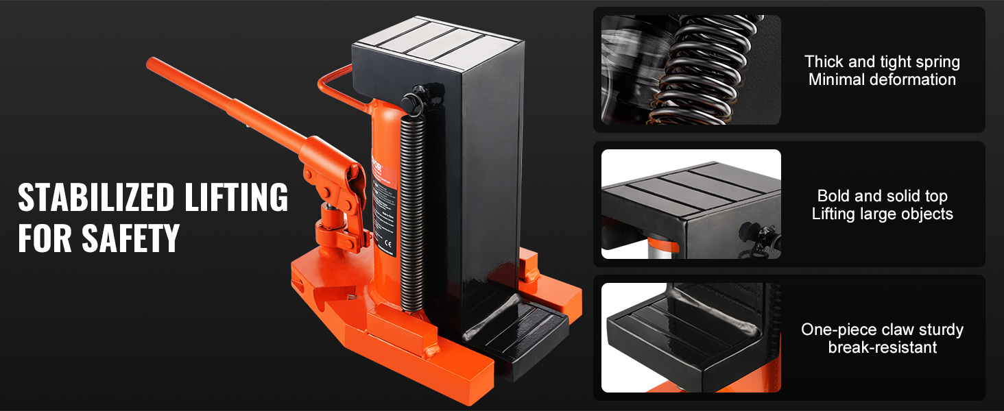 VEVOR hydraulic toe jack with spring, solid top, and break-resistant claw, ensuring stabilized lifting.