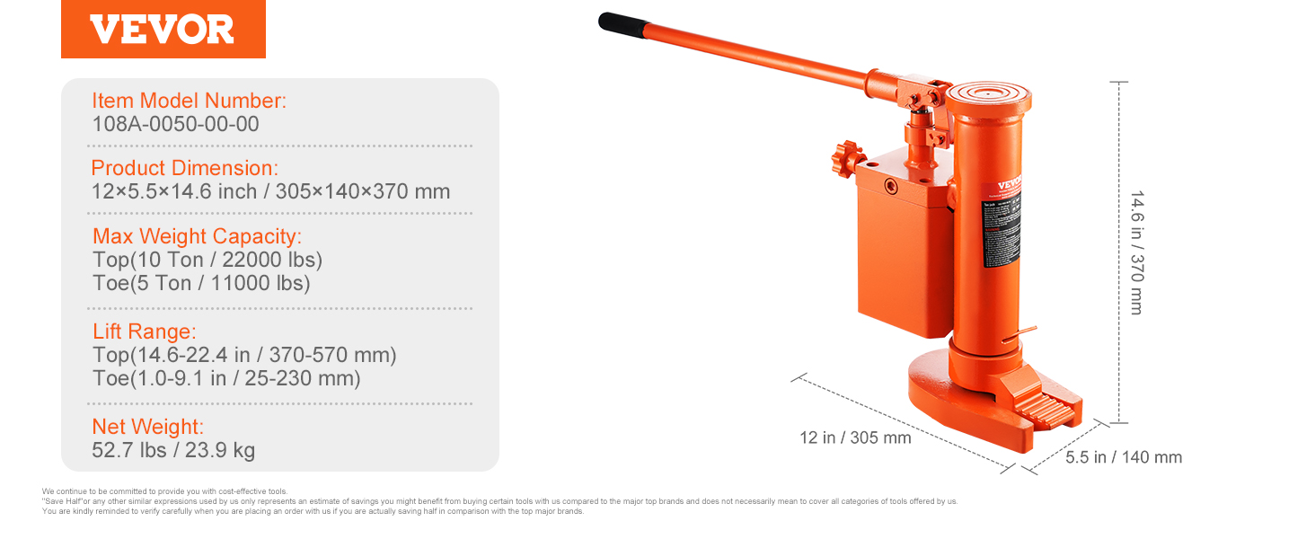 VEVOR hydraulic toe jack shown with dimensions and specifications, including weight capacity and lift range.