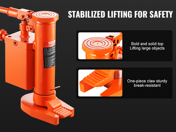 VEVOR hydraulic toe jack: stabilized lifting mechanism, bold top, break-resistant claw for safety.