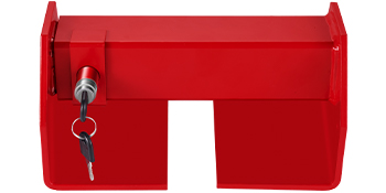 red VEVOR cargo container lock with keys in the locking mechanism.