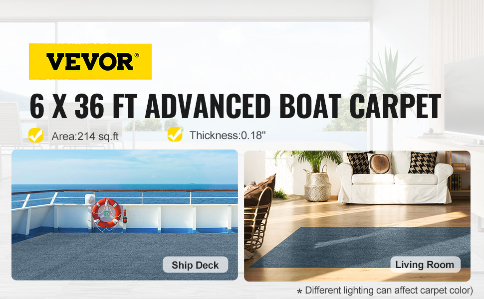 VEVOR marine carpet displayed on ship deck and living room with area and thickness details.