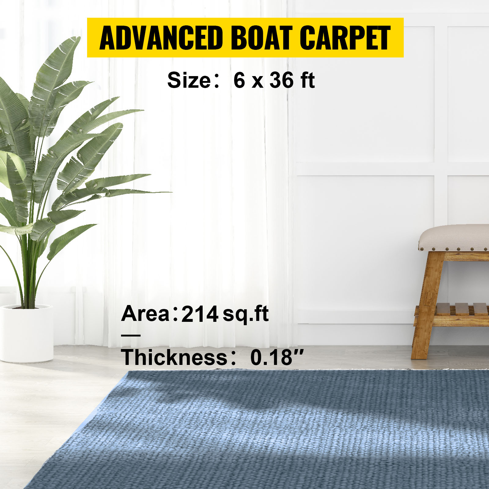 VEVOR marine carpet, size 6x36 ft, blue, in bright room with bench and plant.