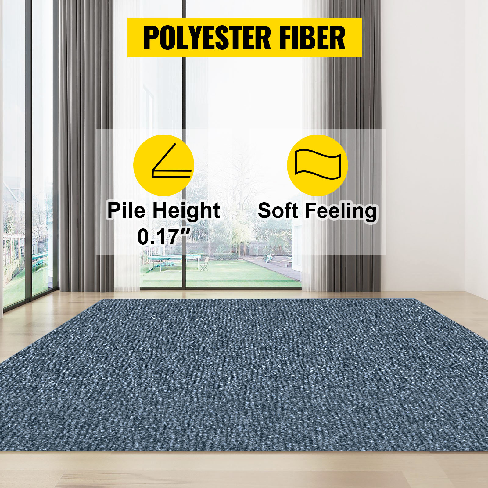 VEVOR marine carpet in room with large windows, 0.17" pile height, soft texture.