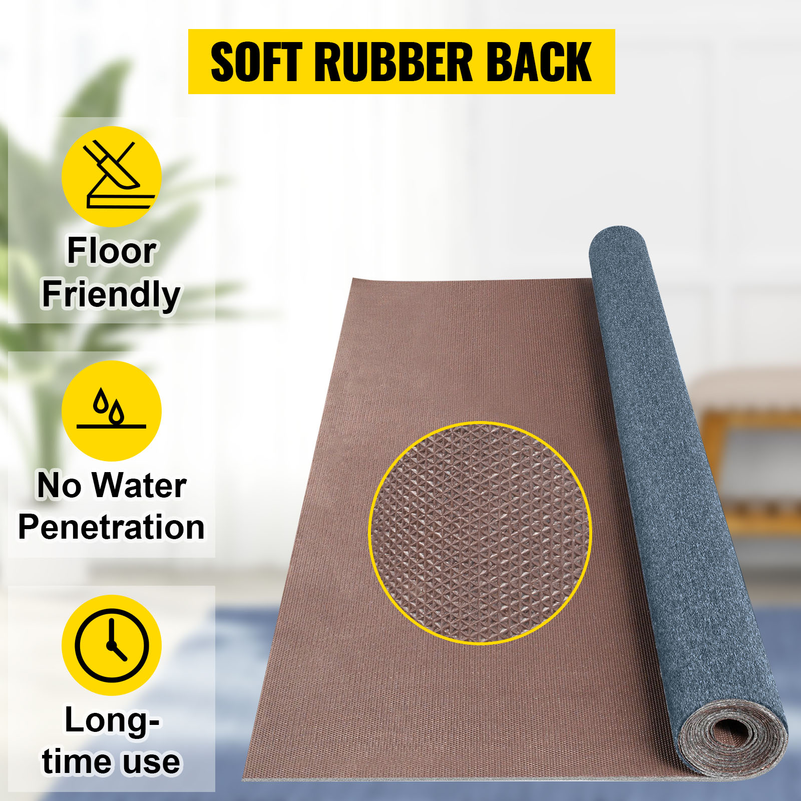 VEVOR marine carpet features soft rubber backing, floor-friendly, no water penetration.