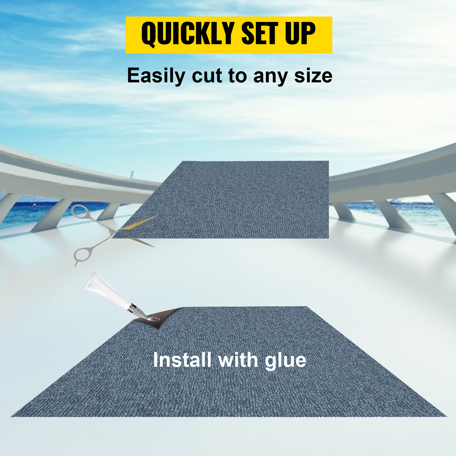 VEVOR marine carpet: quick setup, easily cut to size, install with glue.