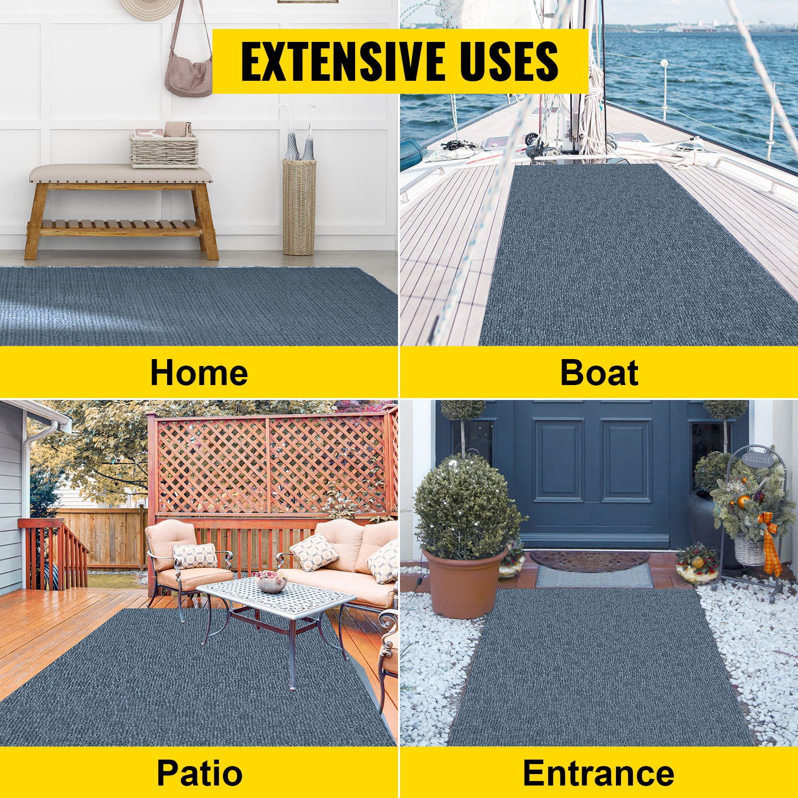VEVOR marine carpet for home, boat, patio, and entrance, showcasing extensive uses.