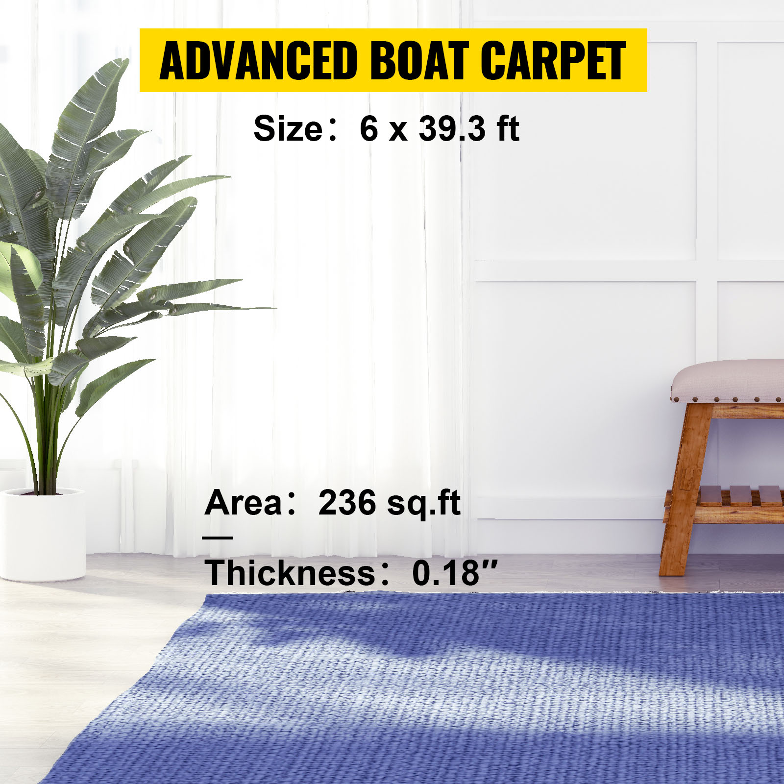 VEVOR marine carpet in a room with a plant, bench, and window curtains, size info displayed.