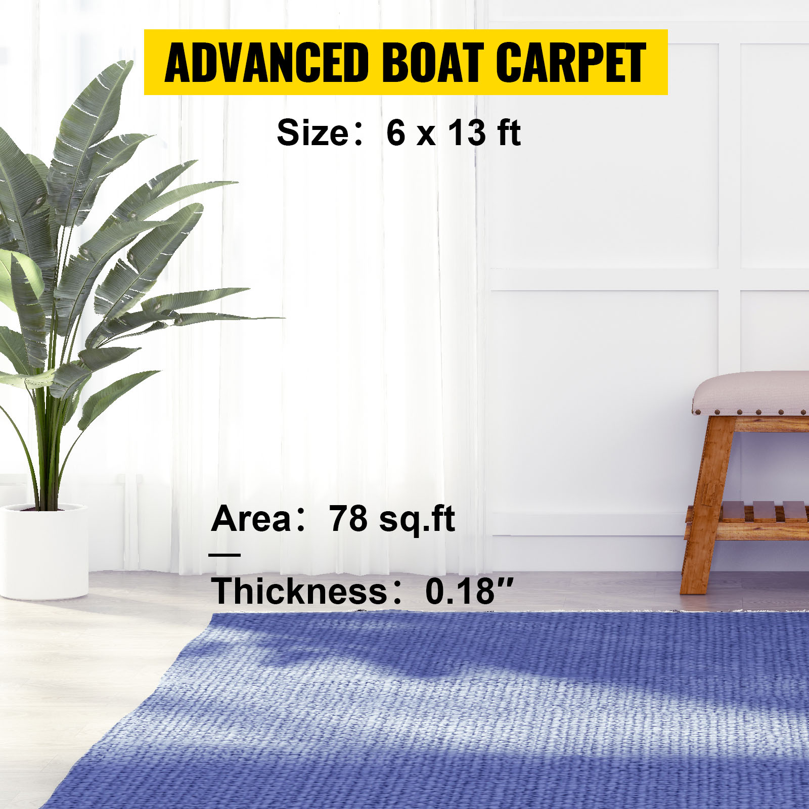 VEVOR marine carpet, blue, 6x13 ft, area 78 sq.ft, 0.18” thickness, decor with plant.