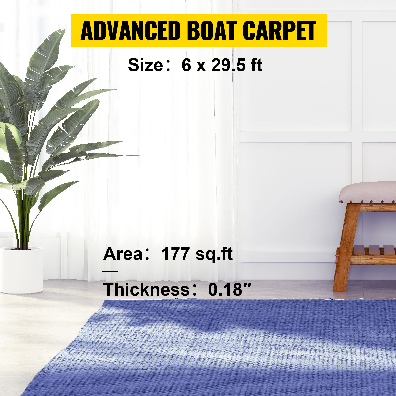 VEVOR marine carpet, 6x29.5 ft, 177 sq. ft., 0.18" thick, blue, plant and stool in room.