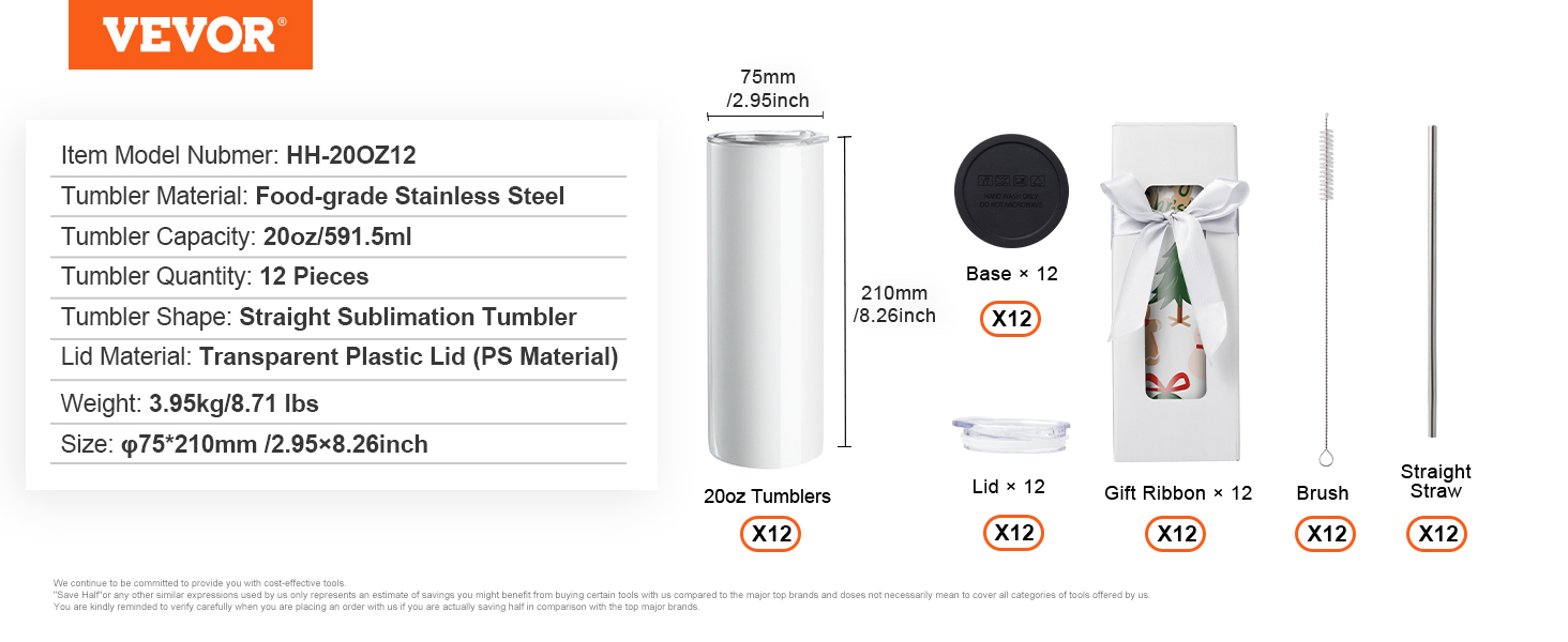 VEVOR sublimācijas tumbleru komplekts ar 12 20oz tumbleriem, vākiem, pamatnēm, salmiņiem, birstēm un dāvanu lentēm.