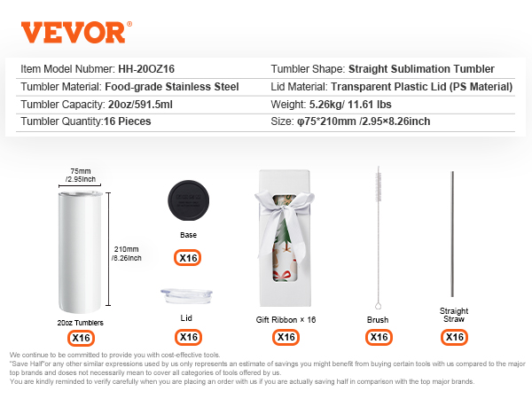 VEVOR sublimation tumblers set with 16 pieces, 20oz each, includes lids, bases, straws, brushes, and gift ribbons.