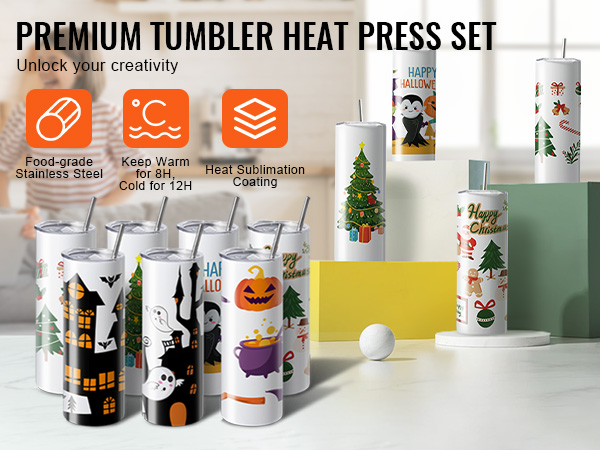 VEVOR sublimation tumblers with holiday designs, food-grade stainless steel, heat sublimation coating.