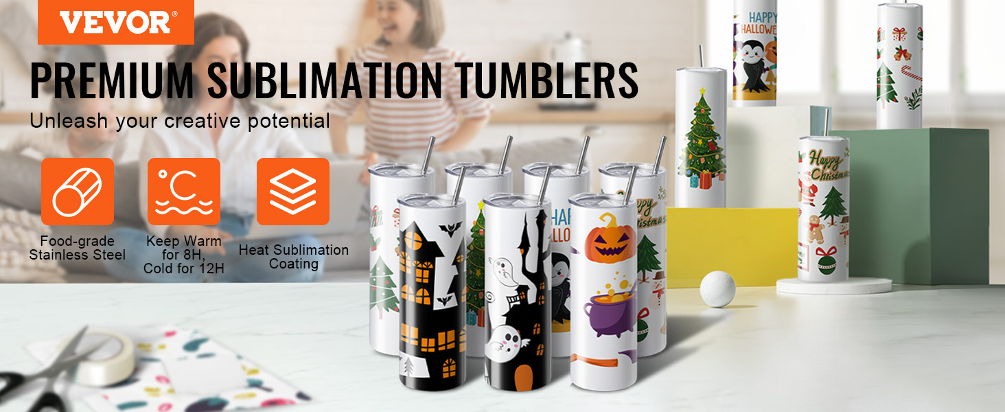 VEVOR sublimation tumblers with holiday designs, food-grade stainless steel, heat sublimation coating.