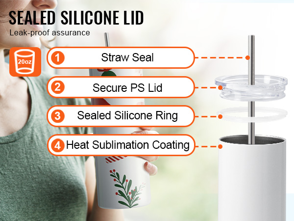 woman holding a 20oz VEVOR sublimation tumbler with a sealed silicone lid and straw.