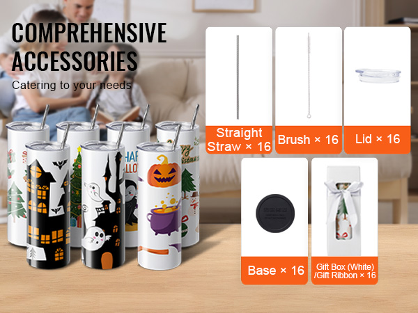 VEVOR sublimation tumblers with holiday designs and accessories including straws, lids, and gift boxes.