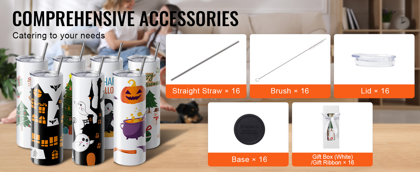 VEVOR sublimation tumblers with holiday designs and accessories including straws, lids, and gift boxes.