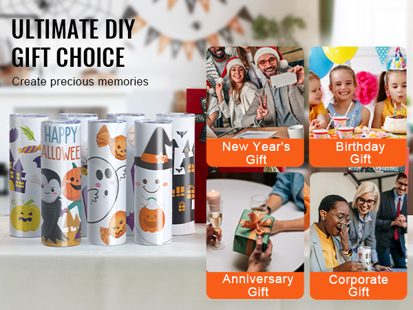 halloween-themed VEVOR sublimation tumblers and gifts for new year's, birthdays, anniversaries, and corporate events.
