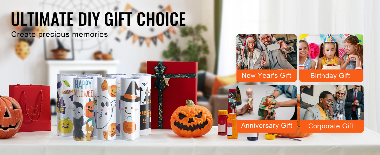 halloween-themed VEVOR sublimation tumblers and gifts for new year's, birthdays, anniversaries, and corporate events.