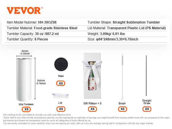 VEVOR sublimation tumblers set includes 30oz tumblers, lids, bases, ribbons, brushes, and straws (8 each).