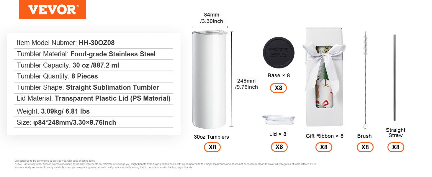 VEVOR sublimation tumblers set includes 30oz tumblers, lids, bases, ribbons, brushes, and straws (8 each).