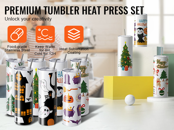 VEVOR sublimation tumblers display with festive designs, food-grade stainless steel, and heat sublimation coating.